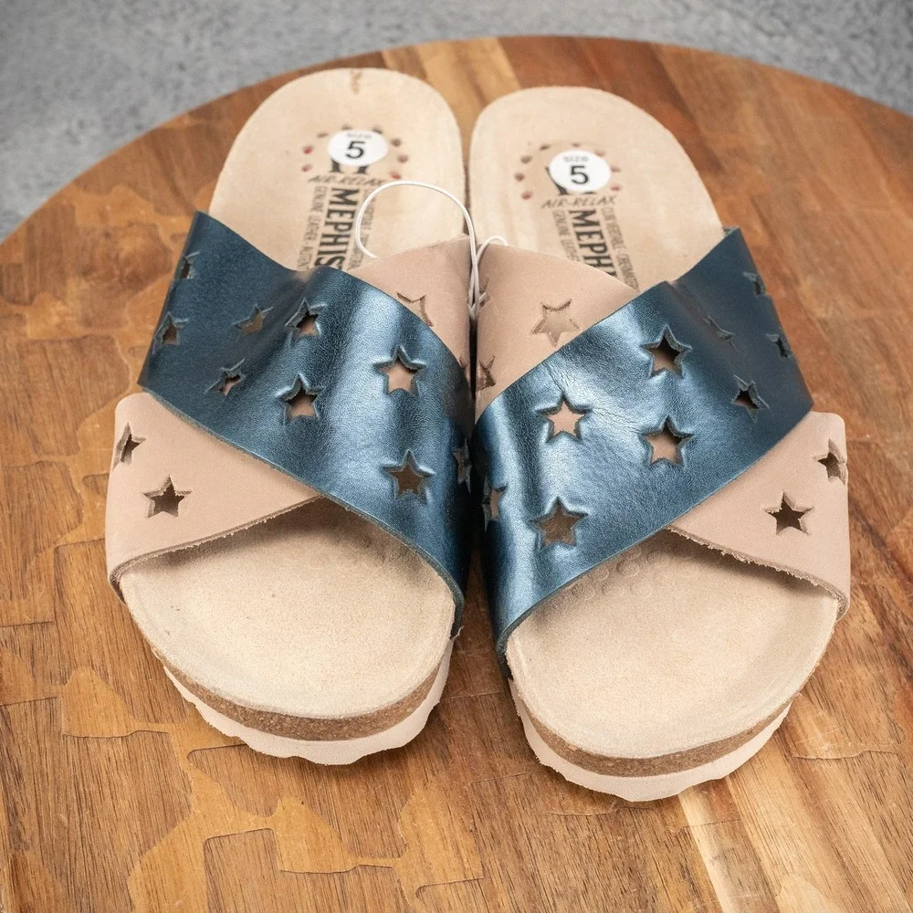 Mephisto Star Leather Cross Band Sandals Nanou Blue/Ivory‎ EU 35 US 4.5-5